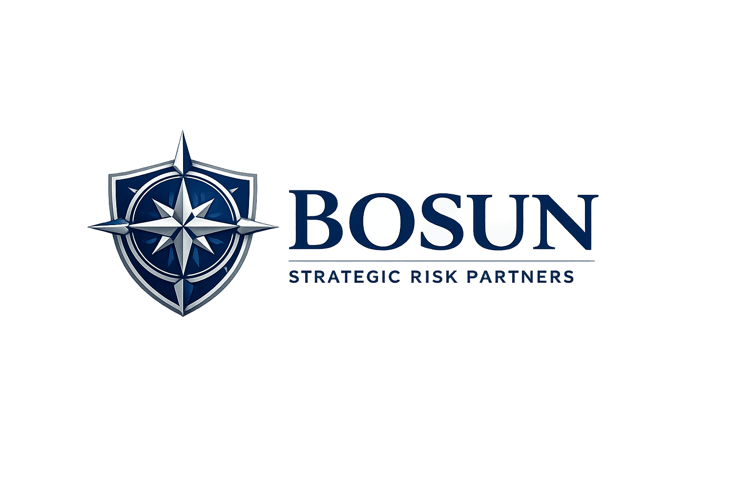 Horizontal logo for Bosun Strategic Risk Partners with compass rose and shield