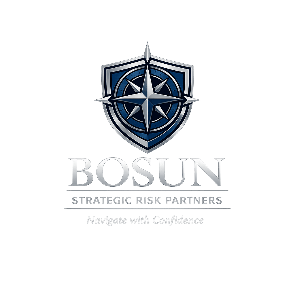 Premium logo for Bosun Strategic Risk Partners featuring a compass rose and shield emblem.