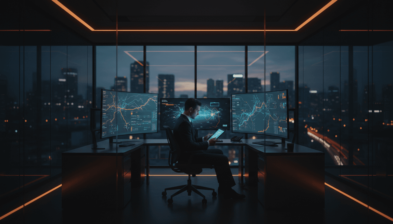 Security professional reviewing risk assessment documentation in a modern control room