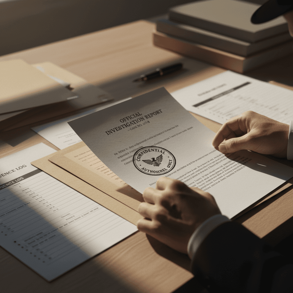 Close-up of formal investigation report with hands turning pages showing professional documentation and evidence logs
